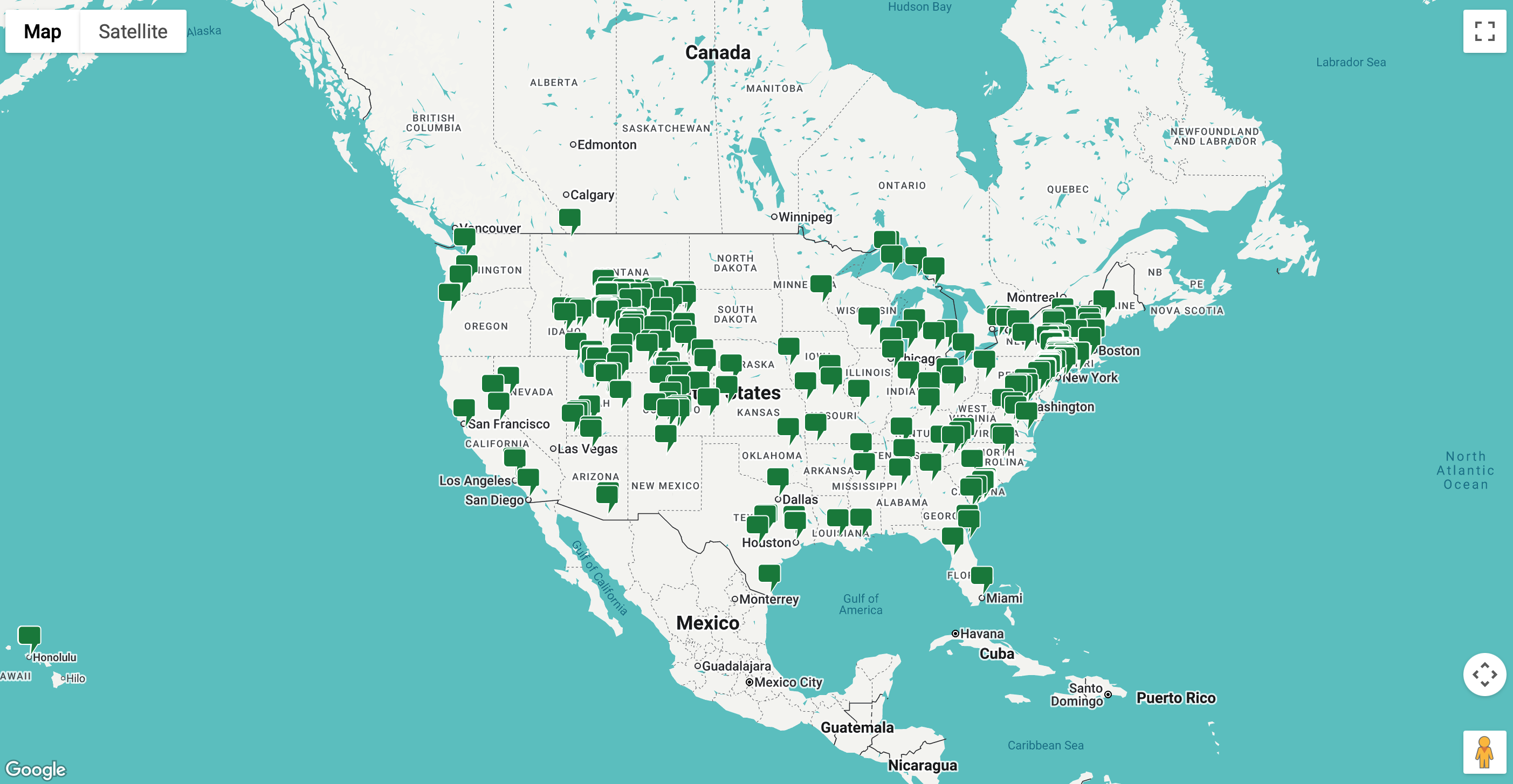 Map of the United States showing tour locations and coverage areas